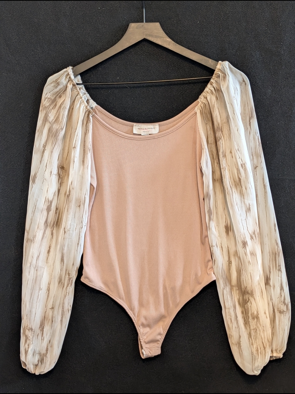 Saints & Hearts Med Puff Sleeve Ribbed Bodysuit Neutral Boho Top FairyCore Flowy